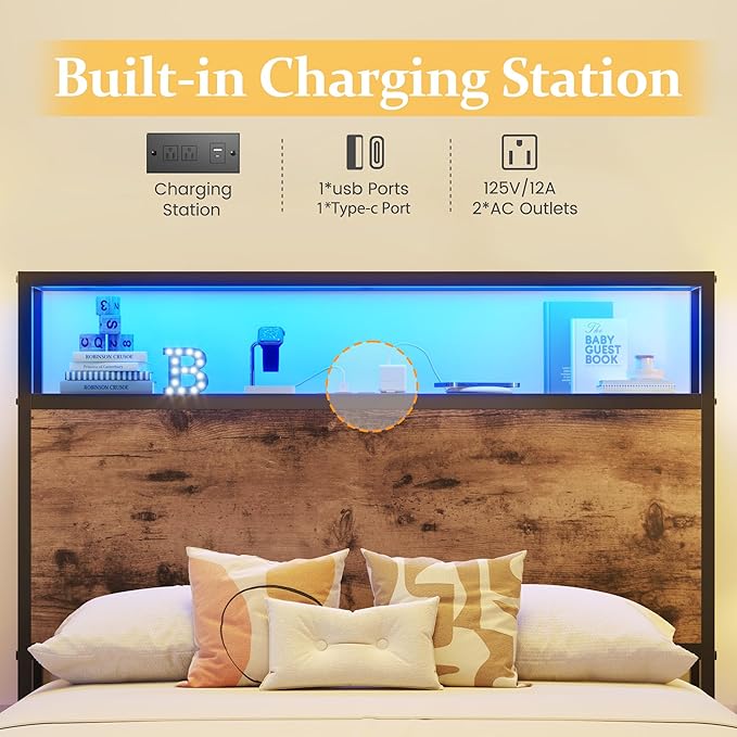 Lifezone Twin Bed Frame with 2-Tier Storage Headboard, Metal Platform Bed Frame with 4 Storage Drawers, Built in Charging Station & LED, Noise-Free/Metal Support/No Box Spring Needed, Vintage Brown