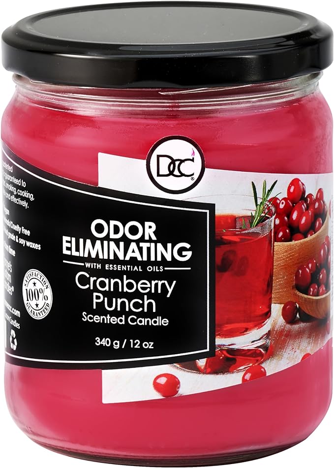 Cranberry Punch Odor Eliminating Highly Fragranced Candle - Eliminates 95% of Pet, Smoke, Food, and Other Smells Quickly - Up to 80 Hour Burn time - 12 Ounce Premium Soy Blend