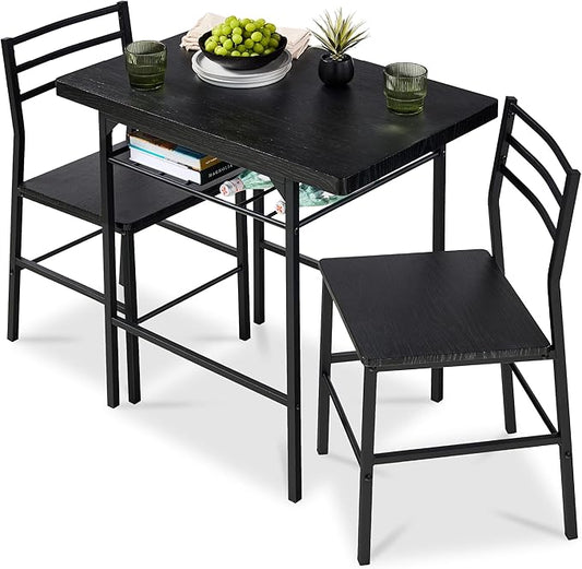Best Choice Products 3-Piece Modern Dining Set, Space Saving Dinette for Kitchen, Dining Room, Small Space w/Steel Frame, Built-in Storage Rack - Black/Black