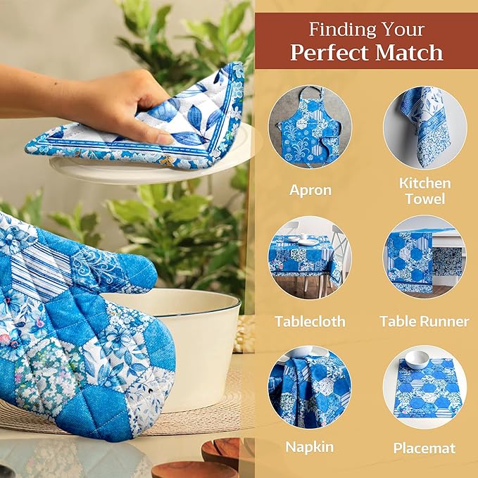 Maison d' Hermine Oven Gloves 100% Cotton Oven Mitt 7" x 13" with Loop Heat Resistant, BBQ, Cooking Gloves, Baking, Grilling, Kitchen, Handling Hot Pans Spring/Summer (Pack of 1, Summer Blues)