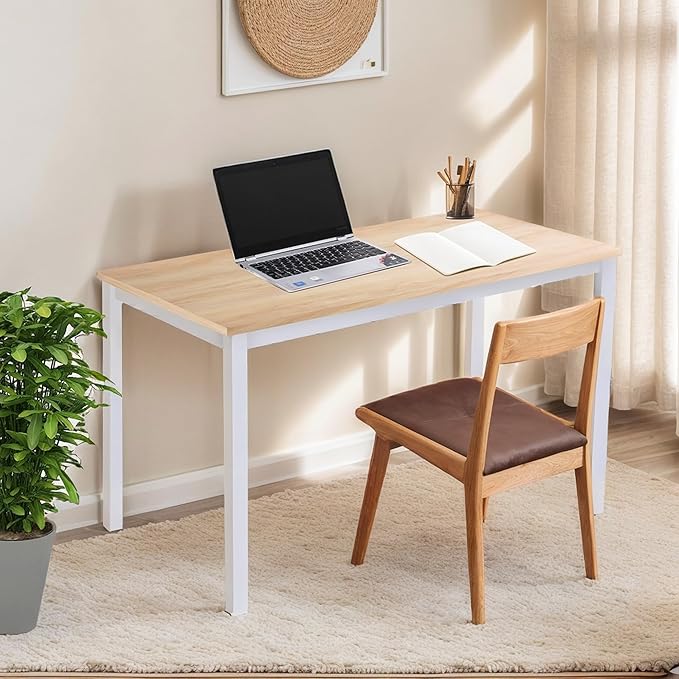 47 inch Large Computer Desk Wood, Modern Simple Style Desk for Home Office, Bedroom, Study Student Writing Desk, Small Spaces, White Metal Frame, Apple Wood Grain Top