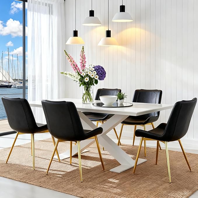 Brage Living Dining Chairs Set of 2, PU Leather Modern Armless Kitchen Dining Room Chairs, Upholstered Accent Side Chairs with Metal Legs (Black, Gold Legs)