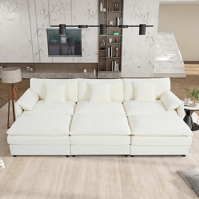 109.45" Oversized Extra Deep Seat Modern Chenille Cloud Couch, Large 3 Seater Modular Sofa for Living Room,Convertible Sofa Bed,Bedroom Apartment Office (White, 109.45 Inch+3Ottoman)