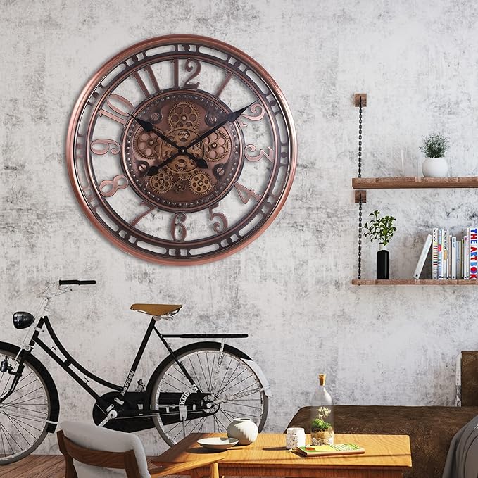 INFINITY TIME 21 Inch Moving Gears Wall Clock,Large Metal Wall Clock for Modern Farmhouse Living Room Decor,Copper Arabic Numeral,House Warming Gifts New Home