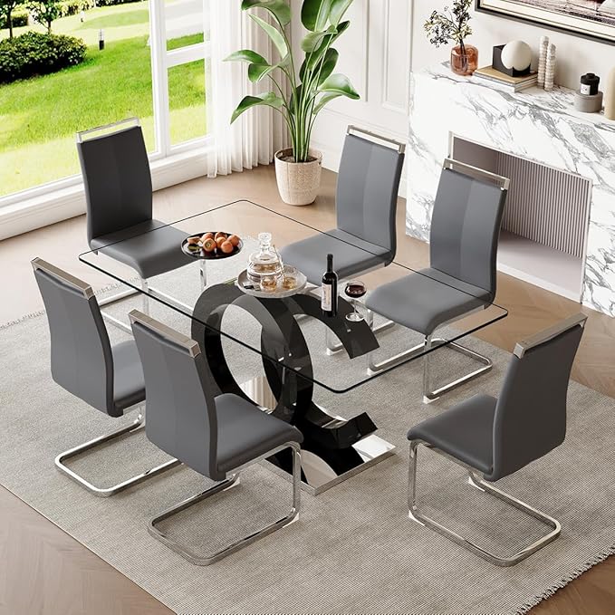 63'' Glass Dining Table Set for 6, Kitchen Table Chairs Set of 6, Clear Glass Dining Table with Black unique design Leg and Silver Metal Base, 6 PU Dining Chairs with Metal Legs, Living Room, Kitchen.