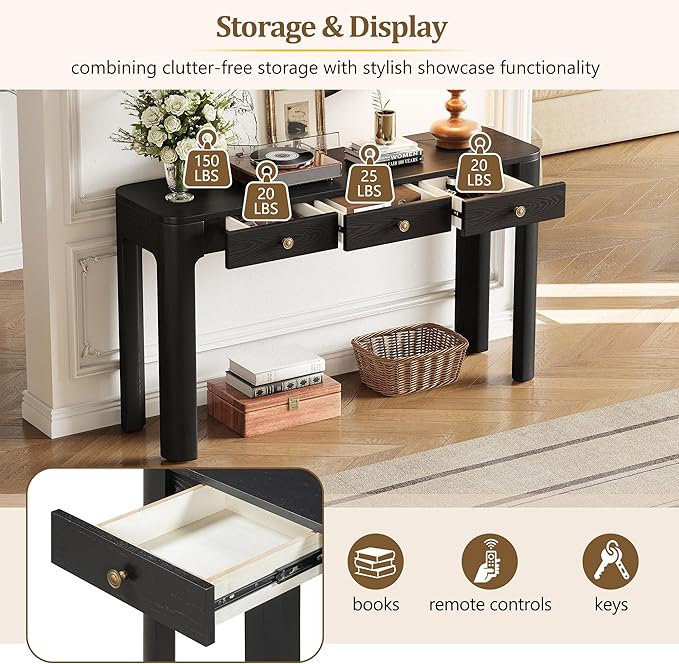 Amposei Retro Rustic Entry Console Table 52’’ Wooden Entryway Sofa Table with Storage Drawers for Living Room Entrance Hallway, Black