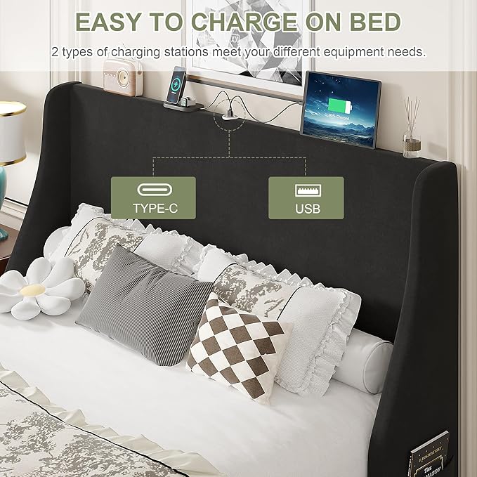 VECELO Queen Bed Frame with Upholstered Wingback Headboard, Heavy-Duty Platform Bedframe with Charging Station, Wooden Slats, No Box Spring Needed, Grey
