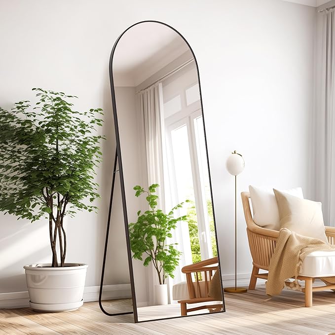 Arched Full Length Mirror, 64.1"×21.1" Floor Mirror with Stand, Hanging Mirrors Full Length for Home Decor, Large Mirrors for Bedroom Bathkroom Décor, Black