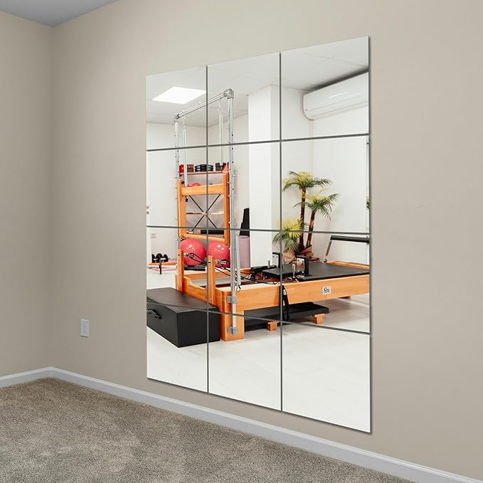 Ruomeng Gym Mirror Tiles, 12 Pcs, 10" x 12", Frameless, Wall-Mounted, Modern Home Gym, Bedroom, Door Mirror