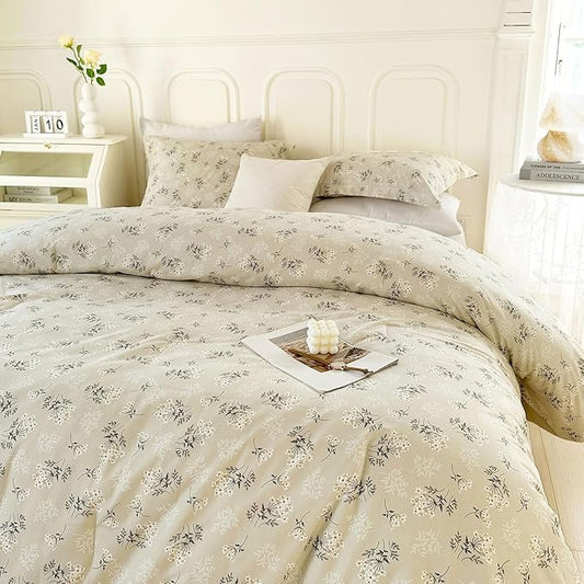 EAVD Boho Floral Comforter Set Queen Soft Washed Microfiber Garden Beige Floral Bedding Queen Comforter Set Reversible Botanical Bedding Set with 2 Pillowcases