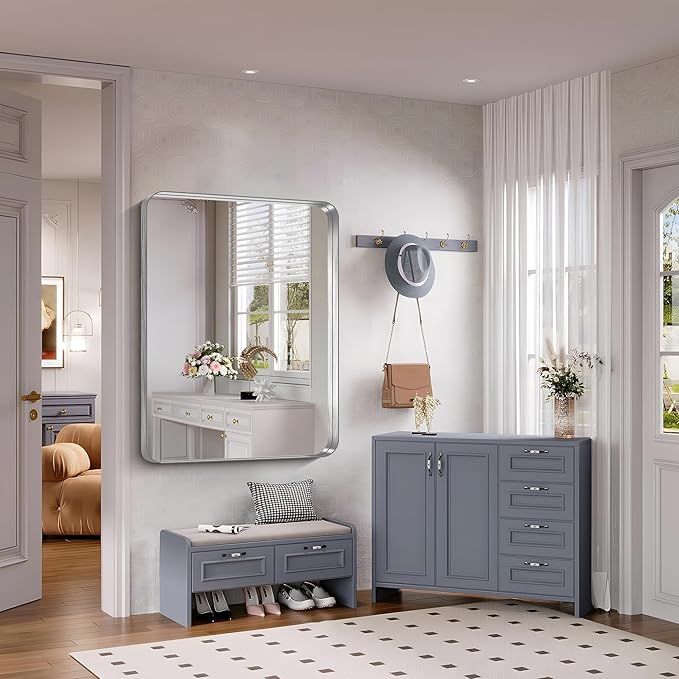 FORBATH 48x36 Inch Bathroom Mirror, Brushed Silver Deep Frame Wall Mirror with Rounded Corners, Anti-Rust Tempered Glass for Modern Farmhouse Vanity (Horizontal/Vertical Hanging)