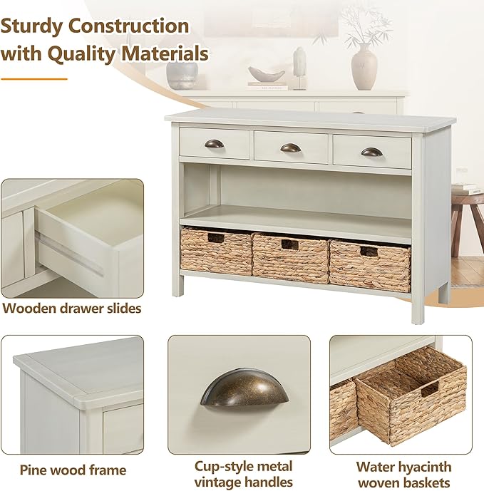 GDFStudio 47" Retro Console Table with 3 Drawers & Water Hyacinth Baskets, Wooden Entryway Buffet Table with Lower Shelf, Vintage Side Board Storage Cabinet for Entryway Living Room, Antique White