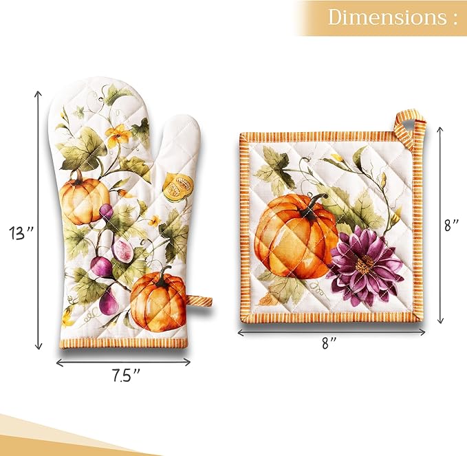 Maison d' Hermine 100% Cotton Oven Mitt & Pot Holder Set (7.5"x13" & 8"x8") Heat Resistant BBQ Cooking Gloves with Loop for Christmas Decorations Handling Hot Pans (Pumpkin Garden - Cloudy Cream)