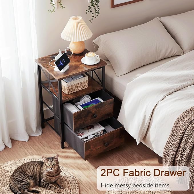 AMHANCIBLE Night Stand Set 2, LED Nightstand with Charging Station, End Tables Living Room with Fabric Drawers, Bedside Table for Bedroom, Rustic Brown, HET052LBR