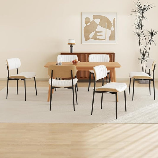 Modern PU Leather Dining Room Chairs Set of 6, Upholstered Kitchen Chairs with Curved Wood Backrest and Metal Legs Adjustable Feet for Kitchen Dining Room(White)