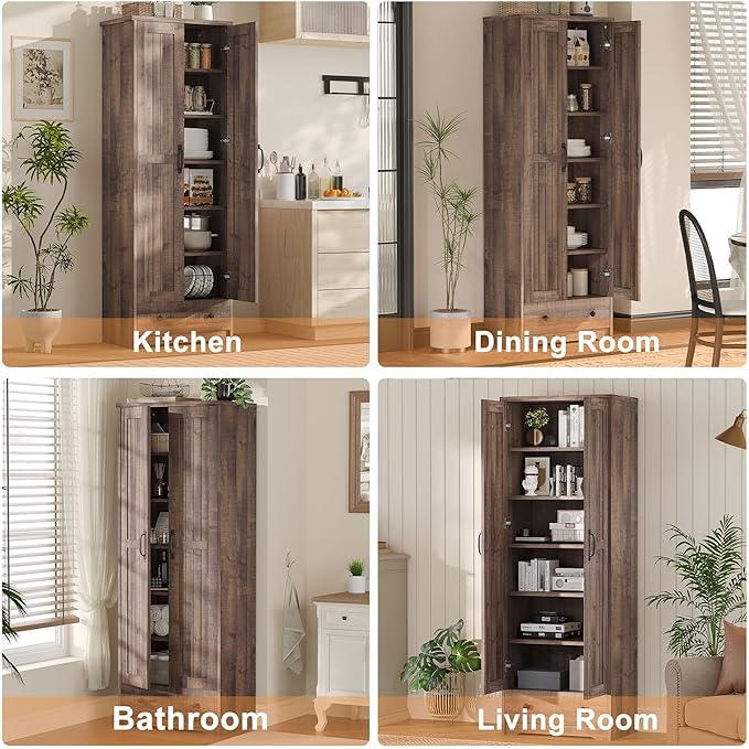 70" Tall Storage Cabinets, Large Wood Storage Pantry Cabinet with 6 Adjustable Shelves, 2 Striped Doors & Drawer, Standing Utility Cabinet for Kitchen, Bathroom, Dining Room, Antique (Brown)