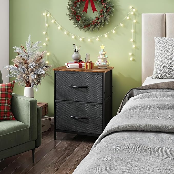 WLIVE Nightstand, 2 Drawer Dresser for Bedroom, Small Dresser with 2 Drawers, Bedside Furniture, Night Stand, End Table with Fabric Bins for Bedroom, Closet, Entryway, Black and Rustic Brown