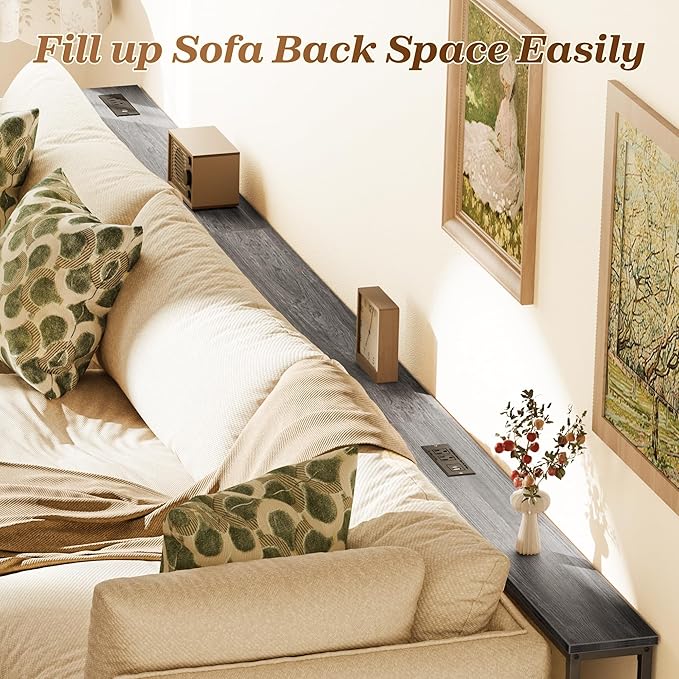 SUPERJARE 110.2 Inch Sofa Table with 2 Power Outlets and USB-C Port, 5.9 Inch Narrow Console Table with Storage, Extra-Long, for Entryway Hallway Couch Behind Sofa, Small Spaces, Grey