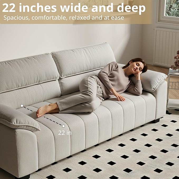 ANCTOR 82.7" Corduroy Sofa, Comfy Couch with Deep Seats, Modern 3 Seater, Oversized Loveseat for Living Room,Office,Apartment Lounge,Easy Assembly, Beige