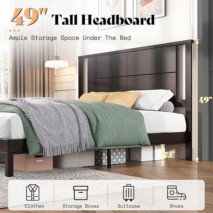 AMERLIFE Solid Wood Queen Size Bed Frame with Headboard, Rustic Style Platform Bed Frame with Under-Bed Storage, No Box Spring Needed, Noise Free, Easy Assembly, Dark Brown