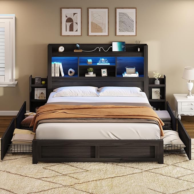 AMERLIFE Queen Bed Frame with 4 Storage Drawers, LED Bed Frame with 49.6" Tall Bookcase Headboard, Wood Platform Bed with Charging Station & 2 Slide Bedside Shelf, No Box Spring Needed/Black