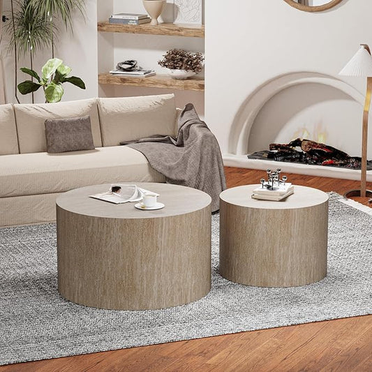 Round Travertine Coffee Table Set of 2 Modern Stripe Circle Nesting Side Tables No Assembly for Living Room Balcony Yard (E-26.77+19.7in)