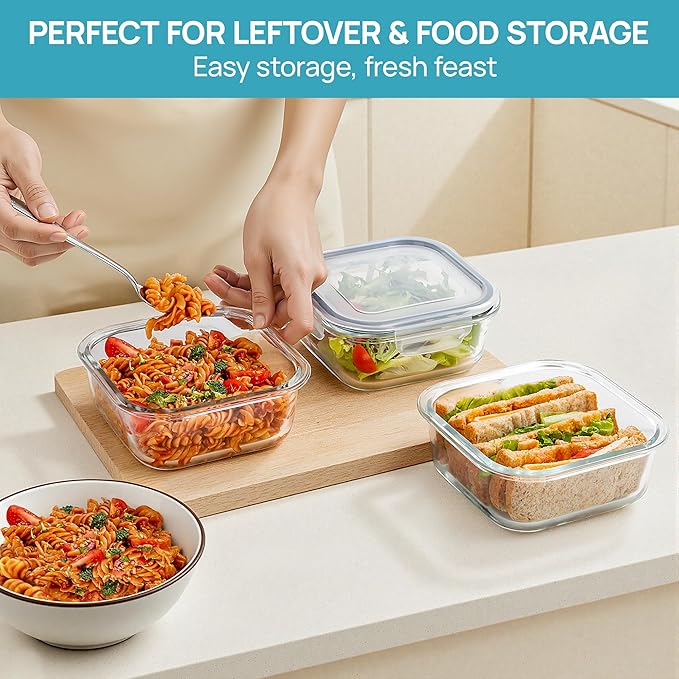 Vtopmart 5Pack 27oz Glass Storage Containers with Lids, Glass Meal Prep Food Container Sets, Sandwich Containers with Snap Airtight Lids for Microwave, Oven, Freezer and Dishwasher, Grey