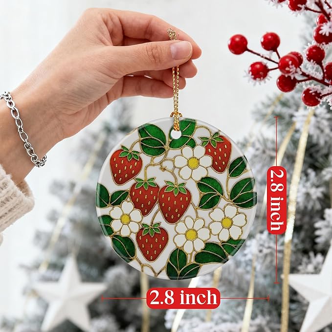 Strawberry Flower Ornament, Christmas Ornaments & Christmas Decorations for Tree, Vibrant Holiday Decor, Gift for Her, Friends & Strawberry Lovers, Gift Exchange & Gifts Idea, Giftbox Included