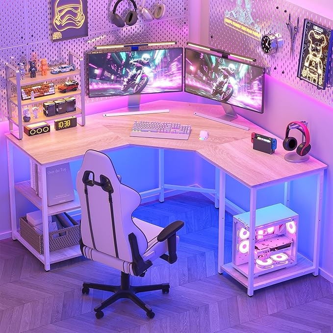 Elephance Large L-Shaped Computer Desk with Shelves, Corner Desk, Home Office Writing Workstation, Gaming Desk PC Latop Table with Storage