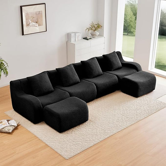 Black U-Shaped Cloud Couch with 2 Ottomans, Modern Teddy Fabric Boneless Sectional Sofa in a Box for Living Room, Modular Floor Couch, Deep Seat, No Assembly Required, Sofas para Sala
