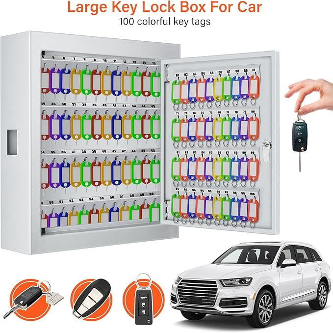 100 Keys White Key Cabinet, Anti-Theft Key Lock Box with Key Tags, Adjustable Key Organizer Wall Safe for Car Office House Garage Rental Business