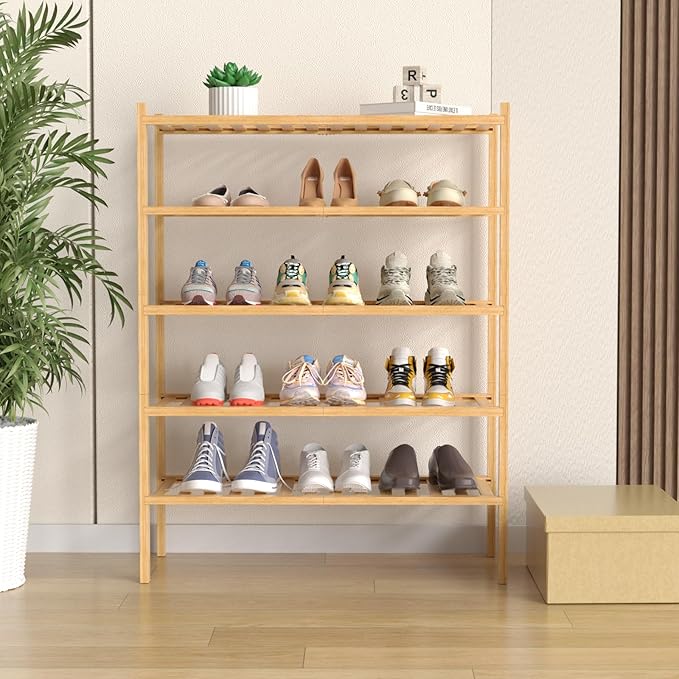 5 Tier Bamboo Shoe Rack for Closet Free Standing Wood Shoe Shelf for Entryway Small Space Stackable 27"x11"x33" (Natural)
