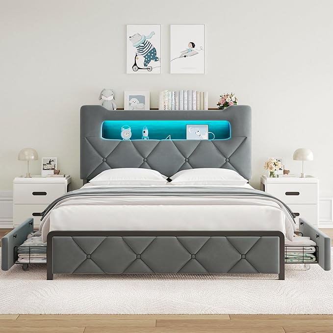 Queen Upholstered LED Bed Frame with 2 Storage Drawers and 2-Tier Storage Headboard, Velvet Platform Bed with Charging Station & Bookcase, Heavy Duty Metal Support, No Box Spring Needed, Grey