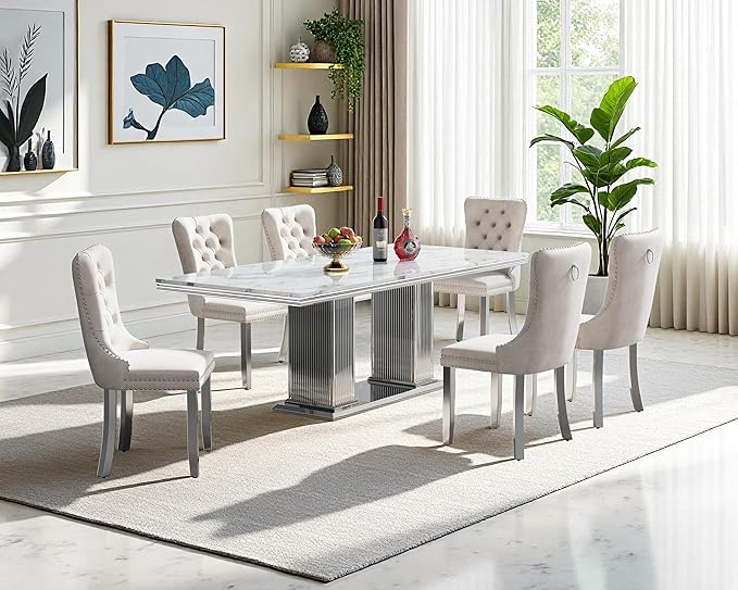 68" Faux Marble Dining Table Set for 6, 7-Piece Dining Set with White Silver Kitchen Table and 6 Velvet Tufted Chairs, Modern Rectangular Dining Room Tables with Column-Shape Stainless Steel Base