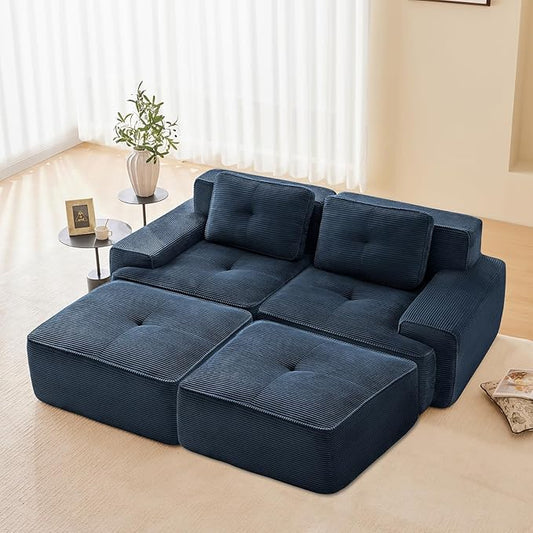 80" Modern Corduroy Boneless Love Seat Couches with 2 Ottomans, 2 Seater Large Sectional Couches for Living Room, Blue Cloud Modular Sectional Sofa, Memory Foam, Extra Deep Loveseat, No Assembly