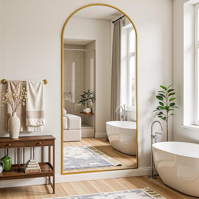 Full Length Mirror, 71"x32" Arched Full Body Mirror, Floor Mirrors with Stand, Body Mirrors Standing Hanging Leaning Against Wall,Aluminum Frame Mirrors for Bedroom Cloakroom,Living Room,Gold