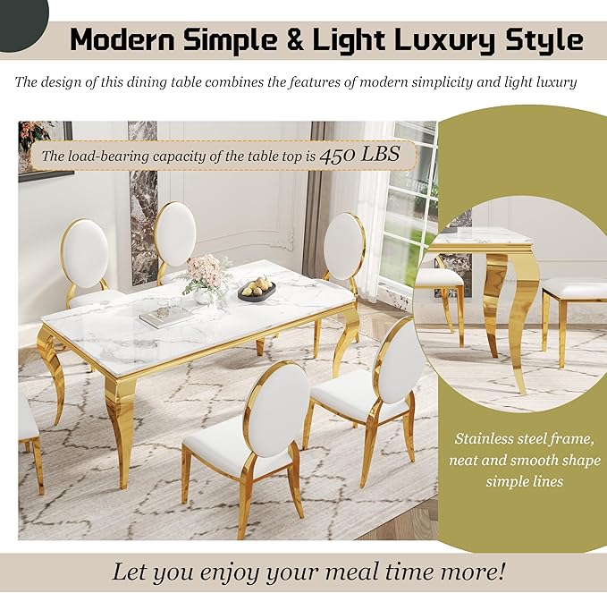 7-Piece Dining Table Set for 6, Faux Marble Modern Dining Table Set with 6 Oval Backrest Upholstered Chairs, 70“ Stainless Steel Legs Table & Chair Set for Kitchen, White & Gold