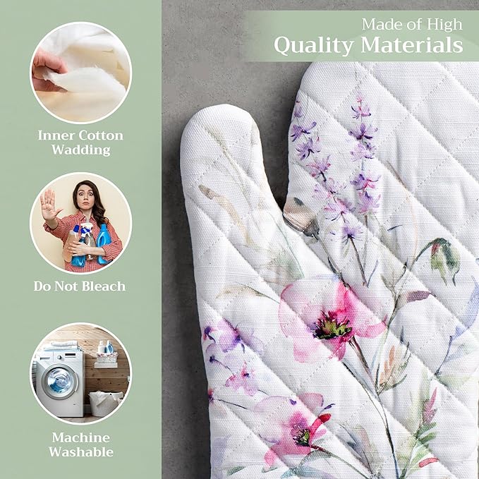 Maison d' Hermine Oven Gloves 100% Cotton Oven Mitt 7" x 13" with Loop Heat Resistant, BBQ, Cooking Gloves, Baking, Grilling, Kitchen, Handling Hot Pans Spring/Summer (Pack of 1, Summer Floral)