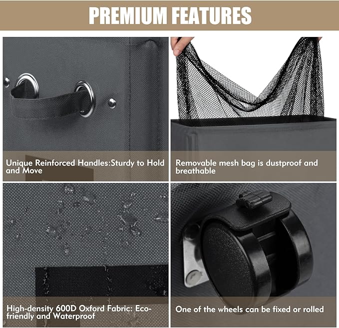 DOKEHOM 29-Inches Enlarged Slim Laundry Basket with Removable Wash Bag on Wheels, Collapsible Rolling Laundry Hamper, Foldable Narrow Corner Clothes Storage Bins (Dark Grey)