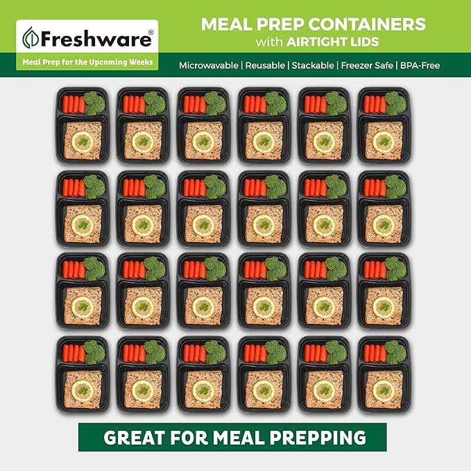 Freshware Meal Prep Containers [15 Pack] 2 Compartment with Lids, Food Storage Containers, Bento Box, BPA Free, Stackable, Microwave/Dishwasher/Freezer Safe (28 oz), Black
