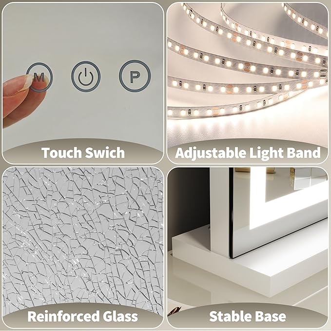 FENNIO 23" x 18" Vanity Mirror with Lights，LED Makeup Mirror，Hollywood Mirror with 3 Color Modes & Adjustable Brightness，Vanity Mirror Square White