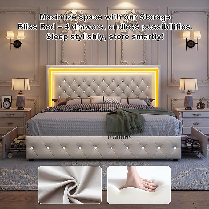 King Led Bed Frame with 4 Storage Drawers, Bed Frame with Led Lights No Box Spring Needed, 900 lbs Capacity, Easy Assembly, Velvet Cream