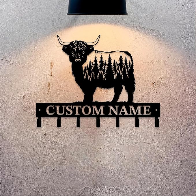 Personalized Highland Cow Metal Keys Hooks,Custom Name Metal Highland Cow Keys Hooks,Black Metal Highland Cow Wall Home Storage Decorative Keys Hooks,Key Holder Hooks for Wall (Style H)