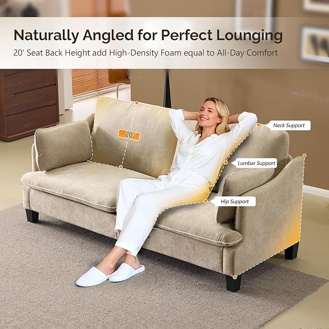 VINGLI 84" W Oversized Comfy Two Seat Love Seat, 37" Extra Deep Seat Piping Design Loveseat Couch with Two Pillows, Linen Fabric Modern Small Sofa for Small Living Room, Bedroom, Khaki