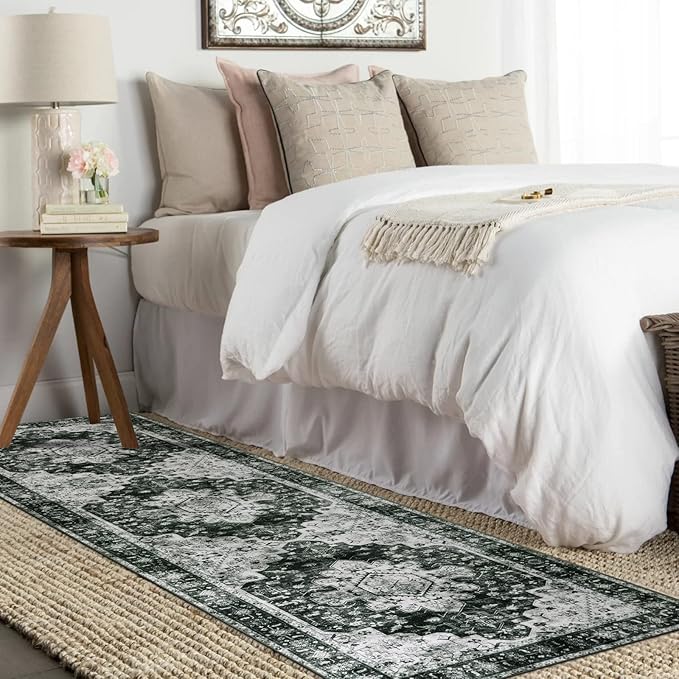 Moynesa Ultra-Thin Washable Vintage Runner Rug - 2'6"x8 Hallway Runner Non-Slip Non-Shedding Stain Resistant Kitchen Mat Boho Oriental Medallion Laundry Carpet for Entrance Bedside, Black/White