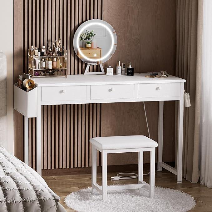White Makeup Vanity Desk with Mirror and Lights Big Vanitys Set with Chair, Drawers and Power Outlet, Dressing Table Vanities for Girls Bedroom 47“