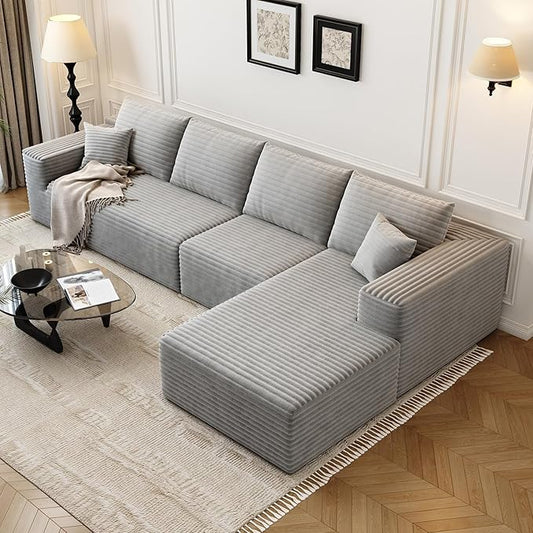 135.4" Cloud Modular Sectional Sofa Couch with L-Shape Chaise,Modern Minimalist Upholstered Couches for Living Room Bedroom,Deep Seat Corner Couch，No Assembly Required (Grey,Right Facing Chaise)