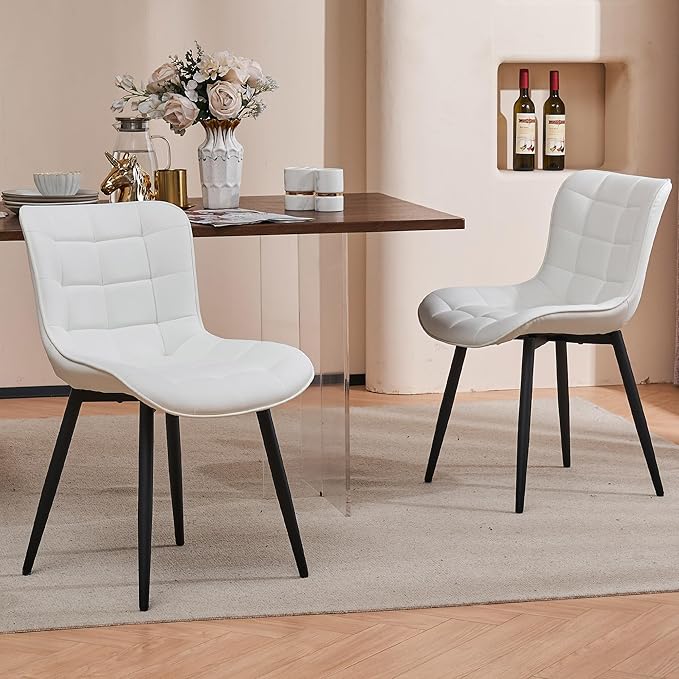 YOUTASTE White Dining Chairs Set of 2, Faux Leather Upholstered Armless Chairs with Back and Black Metal Legs, Mid Century Modern Kitchen Chairs for Living Room, Vanity, or Guest Reception Room