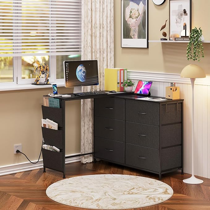 Modern Corner Vanity Desk with 6 Fabric Drawers Power Outlet Side Pocket L Shaped Drawers Makeup Desk Dressing Table for Girls Women Bedroom (Black)