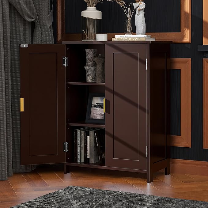 TaoHFE Brown Bathroom Storage Cabinet,Wood Bathroom Cabinets Freestanding with 2 Door Organizers Storages with Adjustable Shelves, Storage Cabinet for Living Room,Laundry Room